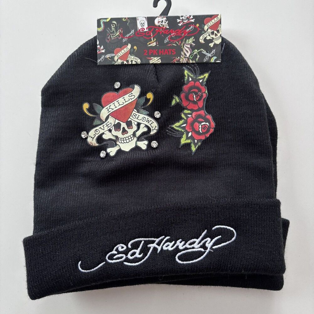 NWT Ed Hardy Black 2 Beanie Hats Love Kills Slowly Skull Rose Graphic Rhinestone